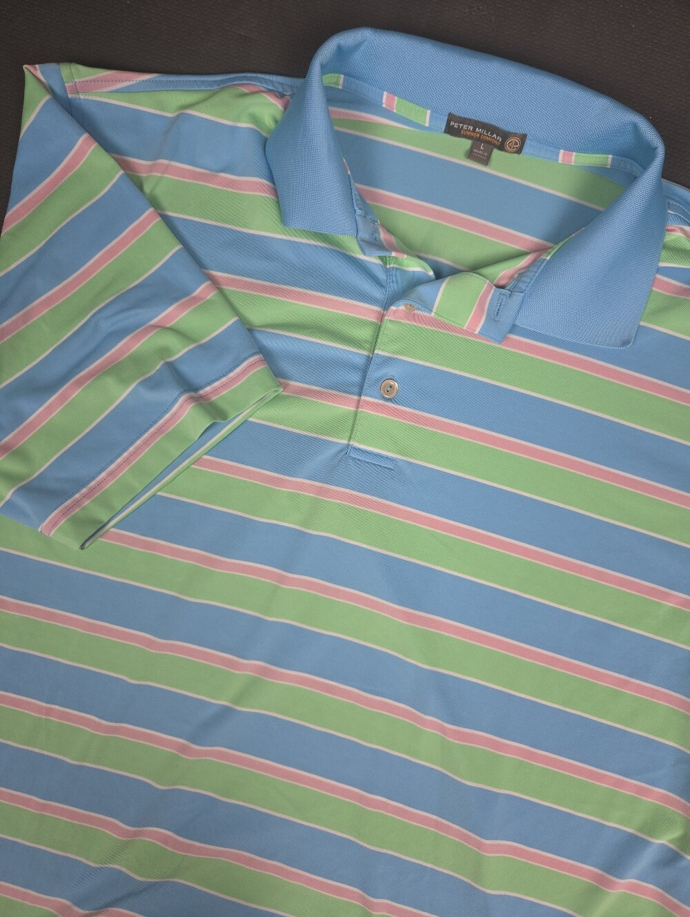 Peter Millar Summer Comfort Polo Shirt Mens Large L Blue Green Pink Striped Golf